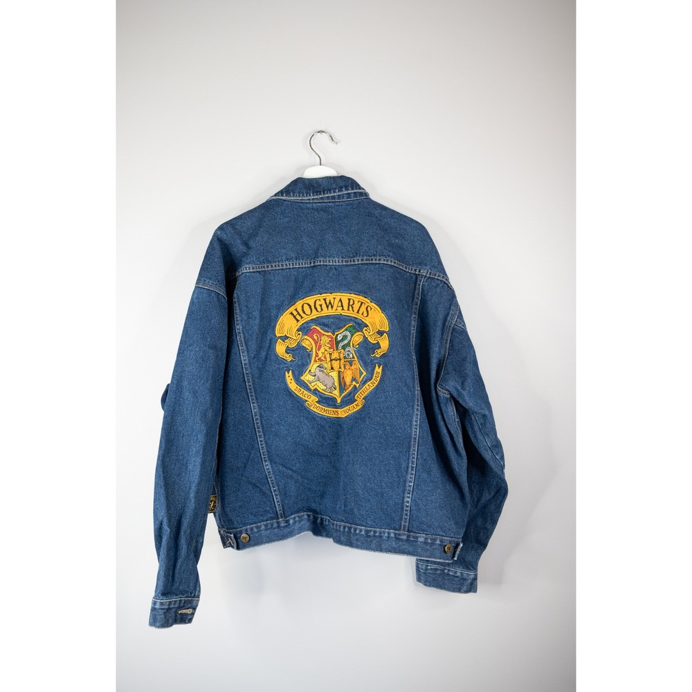 Vintage Warner Bros Harry Potter Denim Jacket‎ Men's XXL Blue Hogwarts Crest Y2K